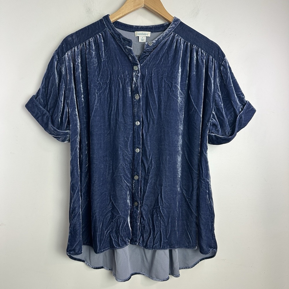 Sundance Blue Velvet Peasant Top Blouse Small Rayon Silk Boho Romantic Boho